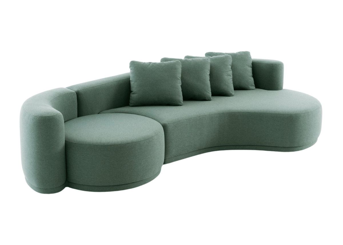 Sofá orgânico curvo modelo Stella em tecido suave com linhas fluídas e design envolvente, vista frontal sobre fundo neutro. Móvel sofisticado e aconchegante, ideal para ambientes modernos e elegantes.
