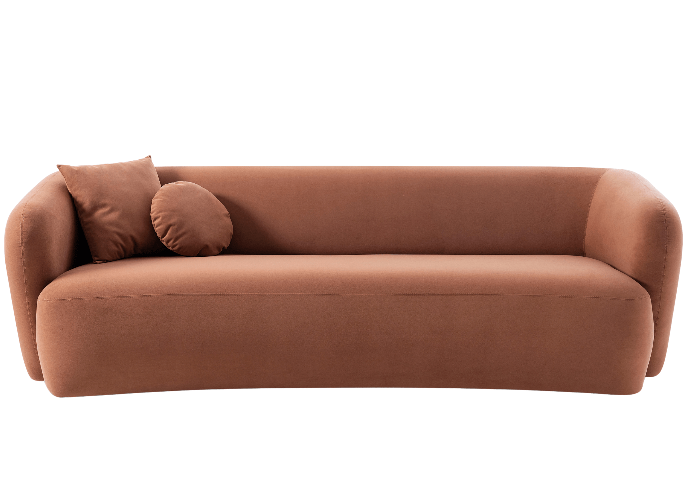 Sofá orgânico fixo modelo tresor, revestido em veludo na cor terracota. Design confortável e contemporâneo, ideal para salas de estar sofisticadas, apresentado sobre fundo neutro.
