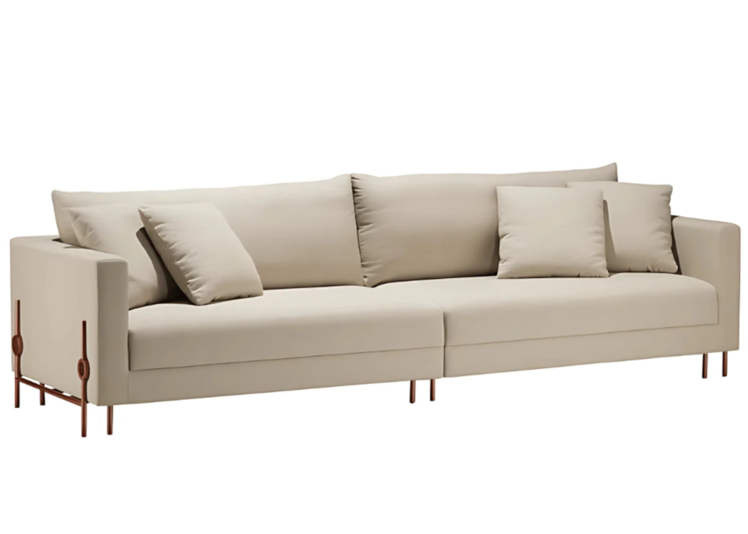 Sofá Paola com base em aço carbono, apresentando design estiloso e sofisticado, ideal para compor ambientes modernos e refinados.