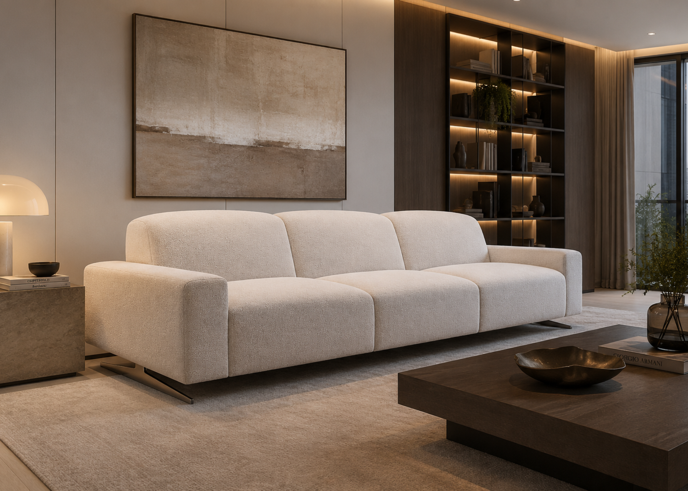 Sofá Polaris em ambiente moderno com design sofisticado, conforto extremo e acabamento de alto padrão, ideal para compor espaços elegantes e acolhedores.