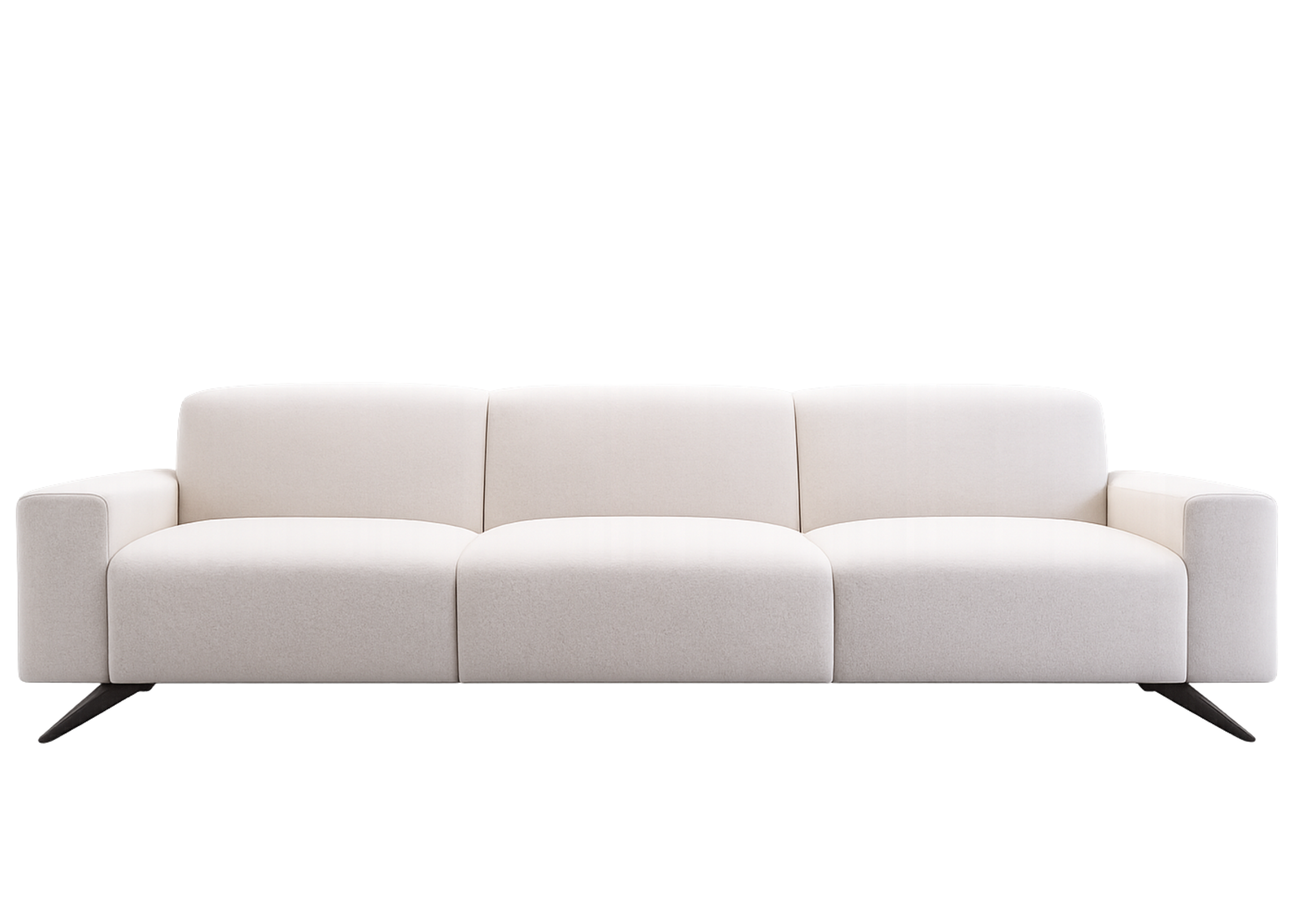 Sofá Polaris com design moderno e revestimento em tecido off white, apresentando conforto e sofisticação para compor ambientes elegantes e acolhedores.