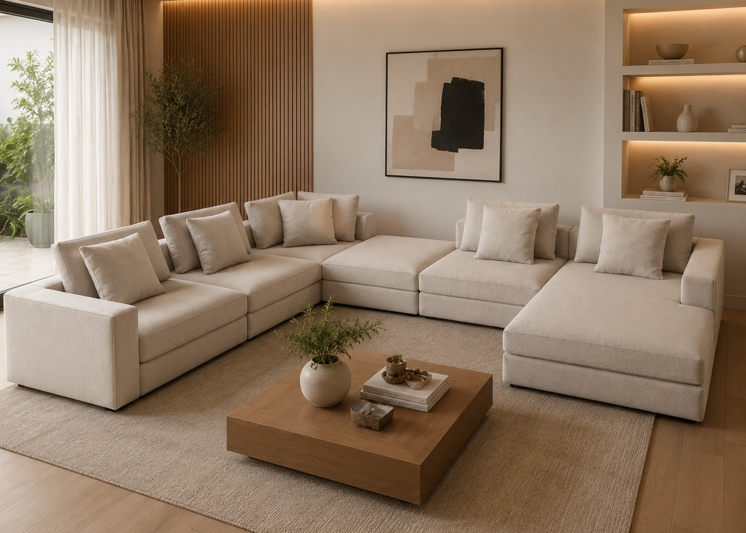 Sofá Portofino em sala sofisticada, aconchegante e moderna, apresentando design elegante e confortável, ideal para compor ambientes refinados.