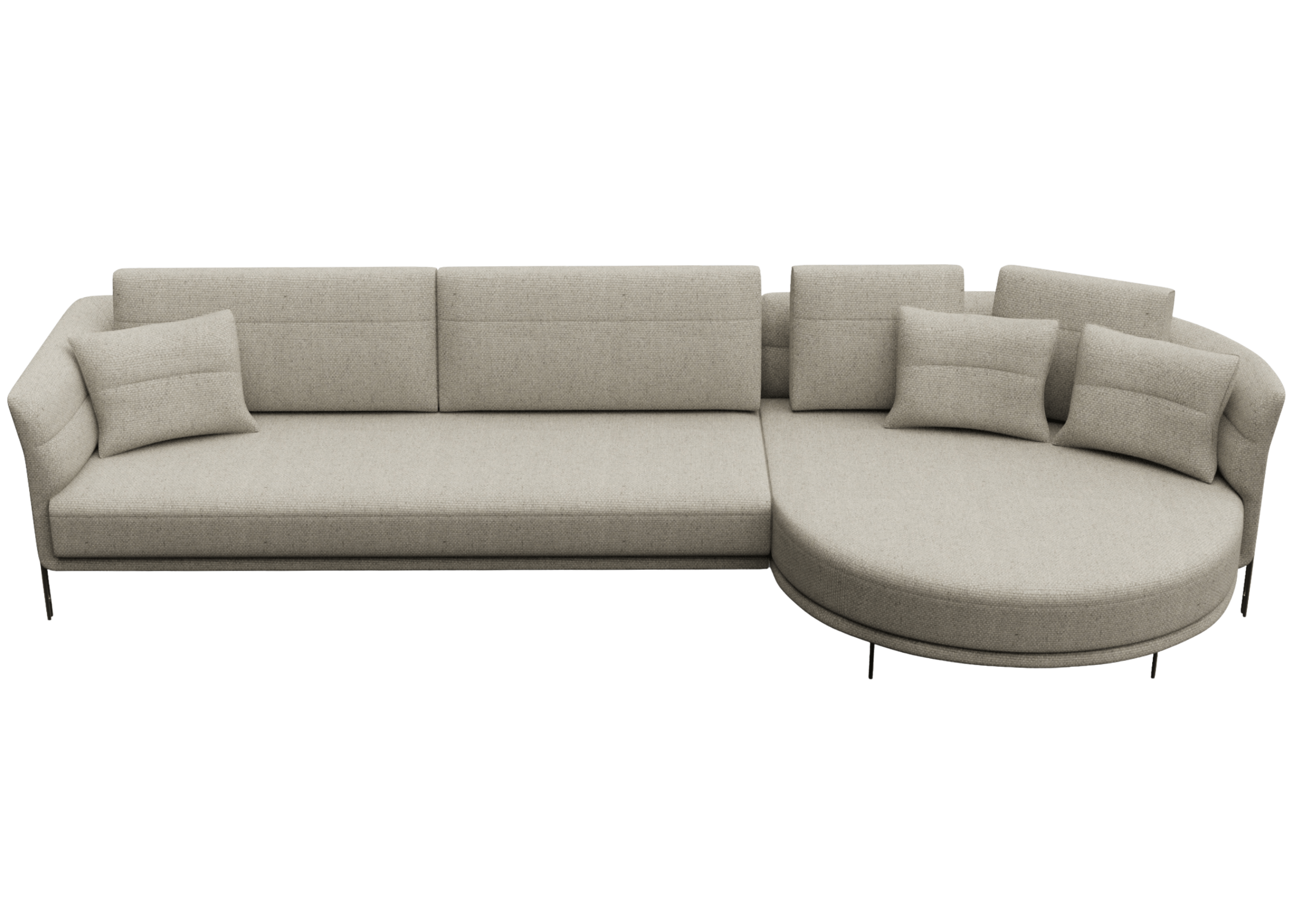 Sofá de quatro lugares modelo Domme, fixo com chaise e revestido em linho bege. Design moderno e confortável, ideal para salas de estar contemporâneas, apresentado sobre fundo neutro.
