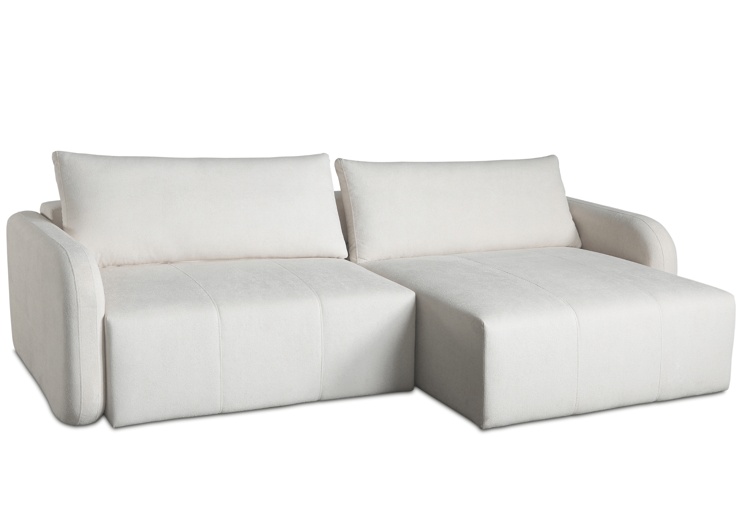 Sofá retrátil de dois lugares com braços curvos e revestimento em tecido claro. Design aconchegante e moderno para salas de estar elegantes.
