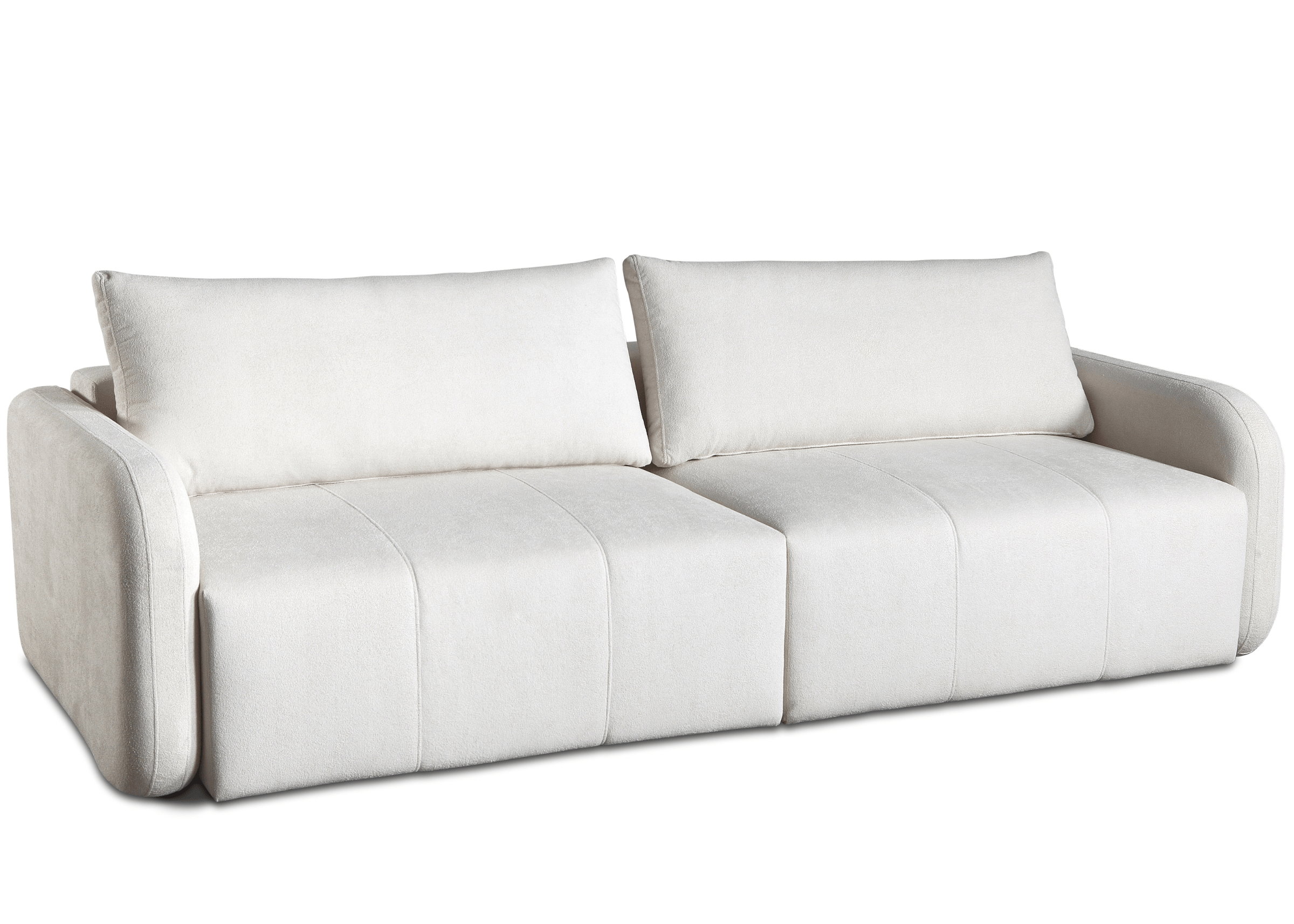 Sofá retrátil modelo Venci de dois lugares em veludo branco. Conforto e elegância para salas de estar com estilo contemporâneo.
