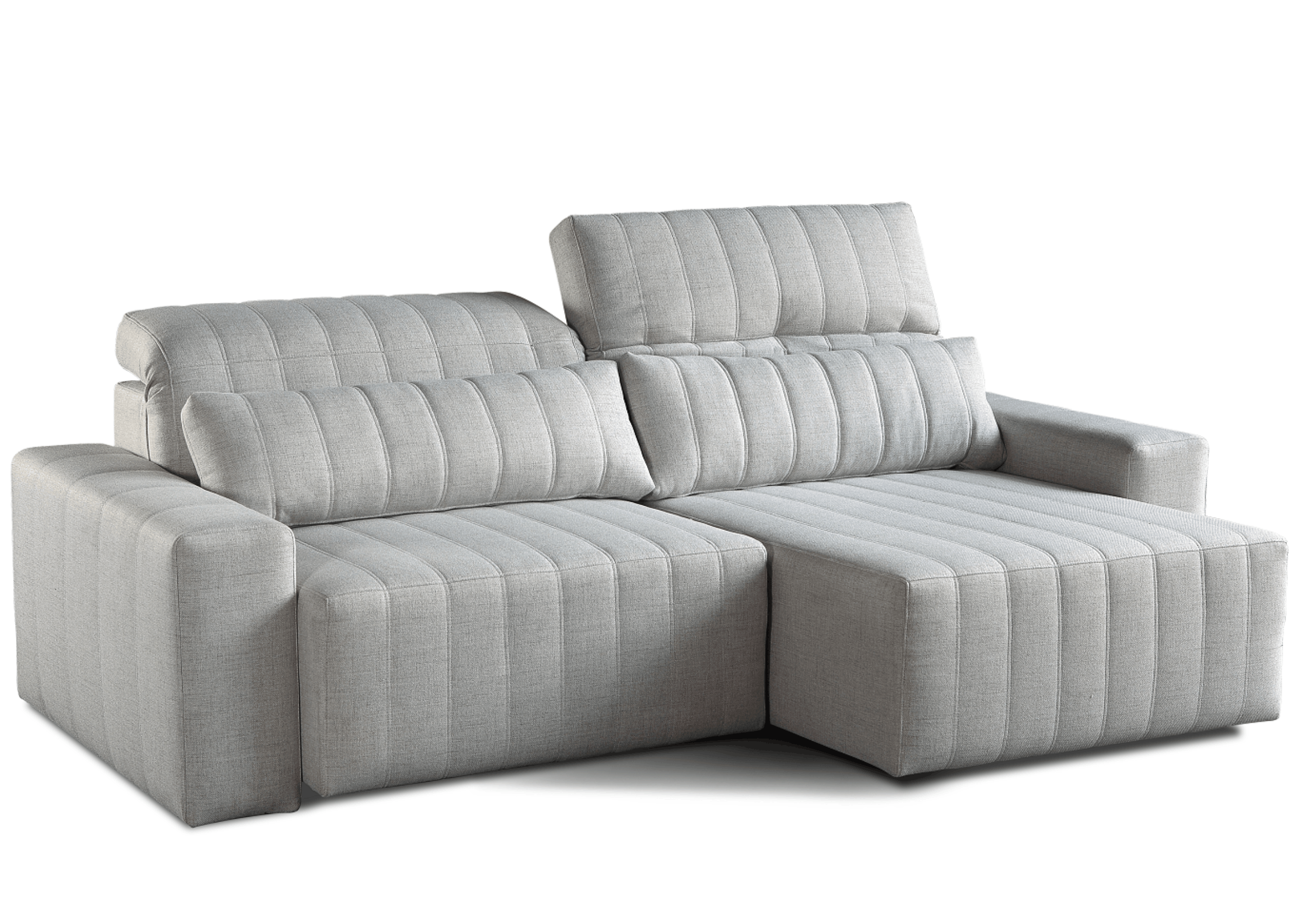 Sofá Retrátil Ravena em tecido cinza claro com assento extensível e design moderno para sala de estar.