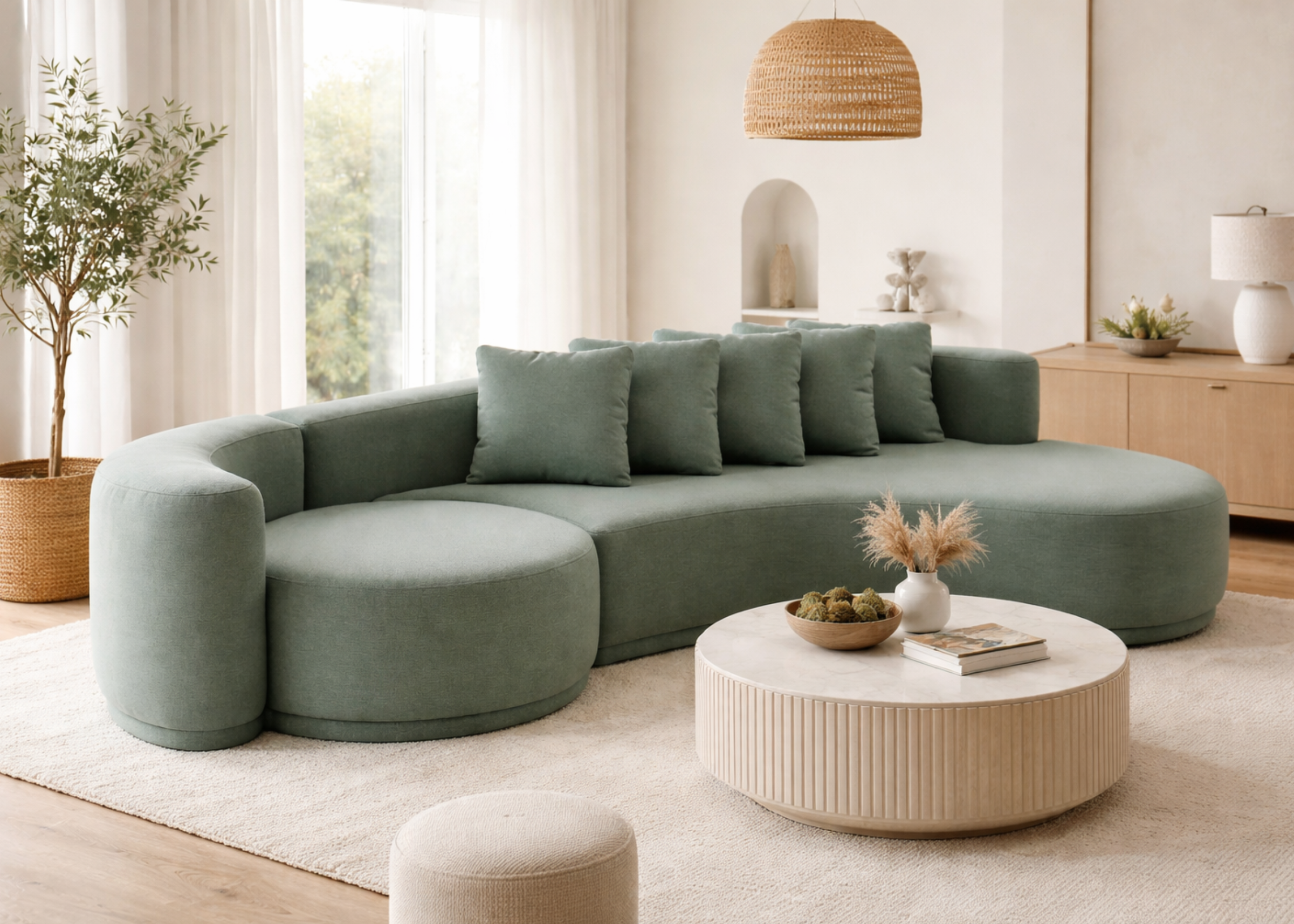 Sofá Stella em ambiente moderno e aconchegante, com design curvo elegante, ideal para composições contemporâneas e sofisticadas.