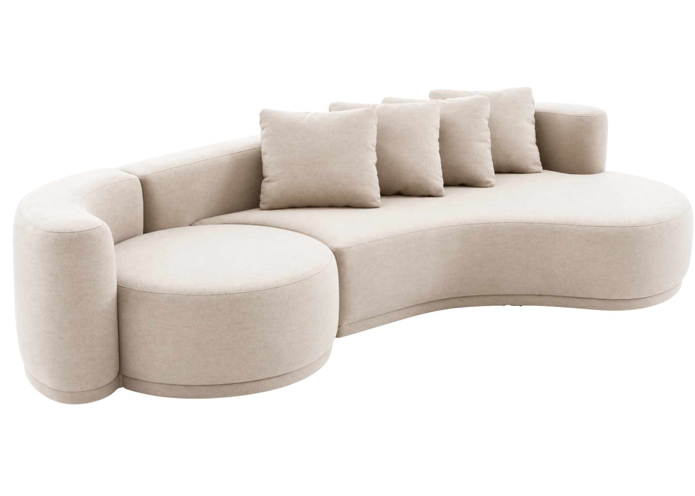 Sofá Stella com revestimento bege claro e almofadas decorativas, apresentando design confortável e sofisticado, ideal para compor ambientes elegantes e acolhedores.