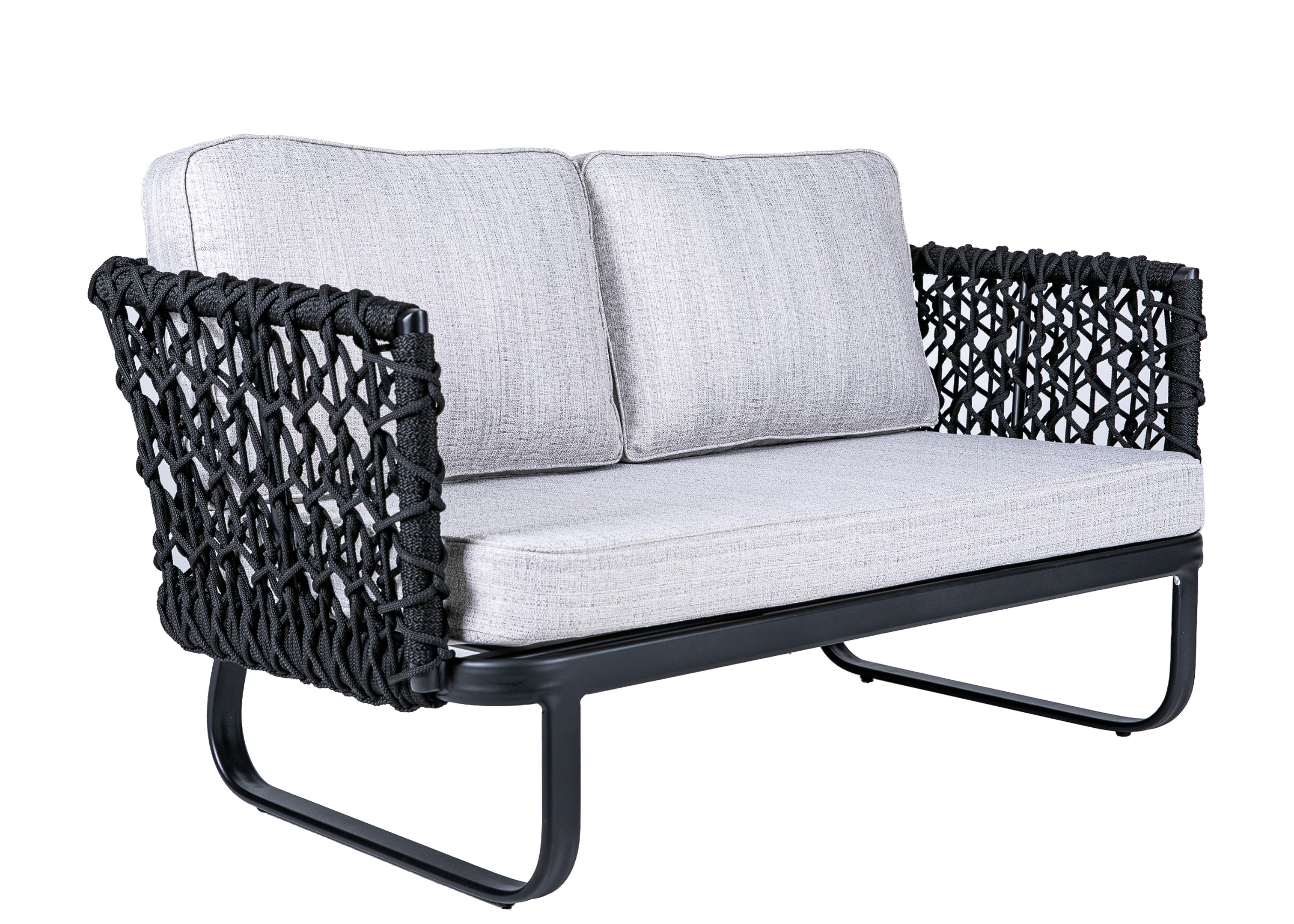 Sofá Terrace para área externa, com revestimento impermeável em linho cinza, indicado para áreas externas elegantes e confortáveis.