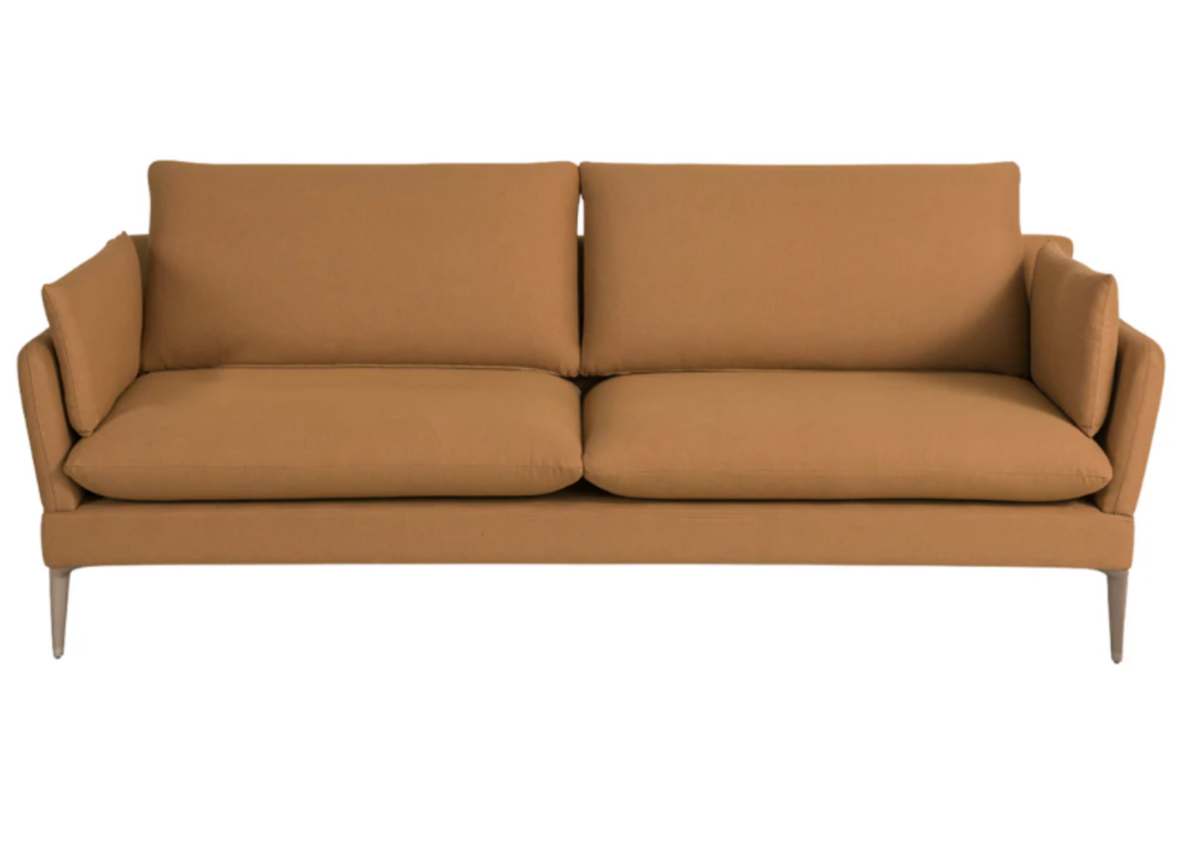 Sofá de dois lugares fixo com estofado e revestimento caramelo, modelo Tokyo, trazendo um toque de sofisticação e conforto para ambientes modernos.