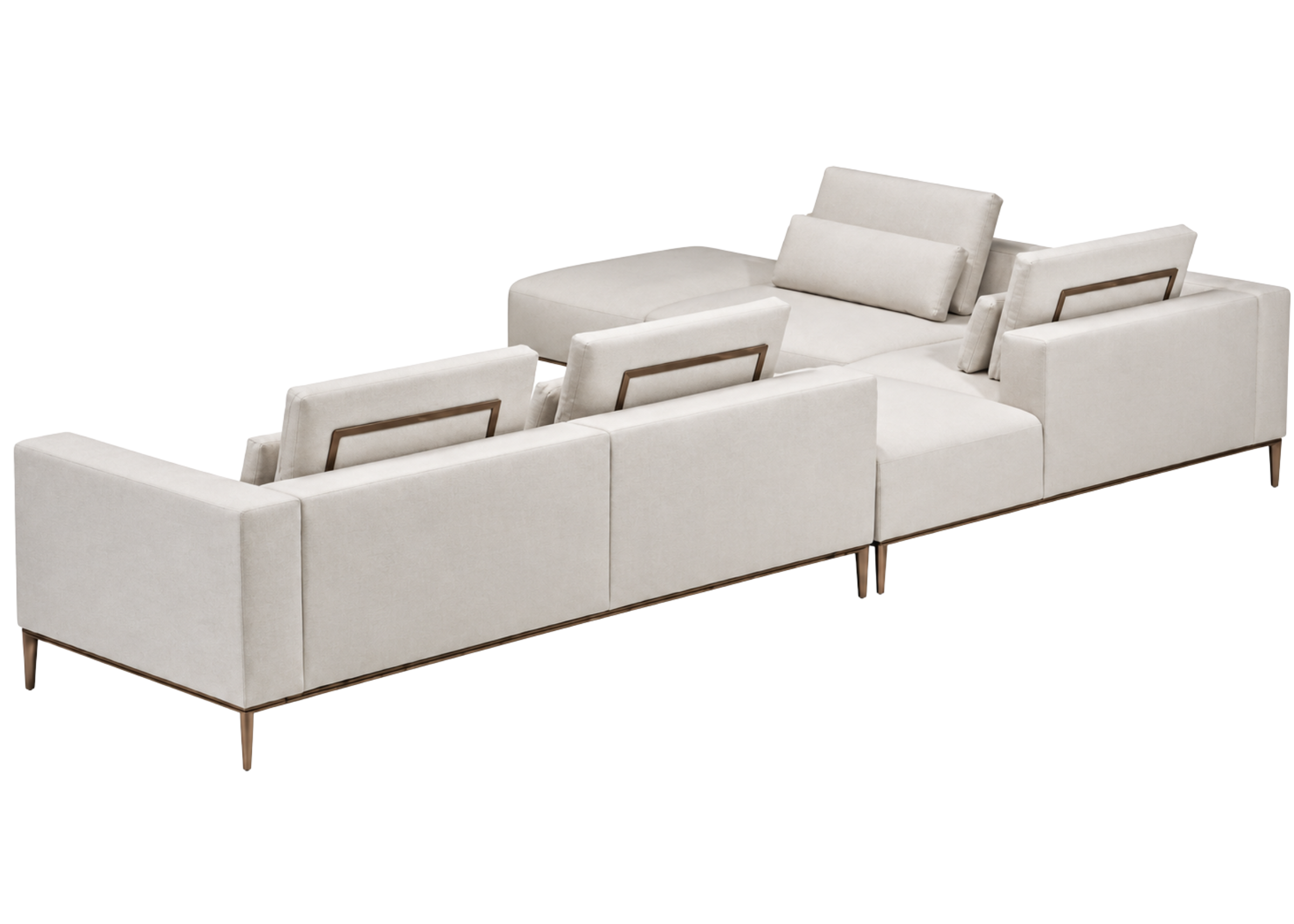 Sofá Toscana com detalhes nas costas e suporte metálico, apresentando design sofisticado e moderno, ideal para compor ambientes elegantes e acolhedores.