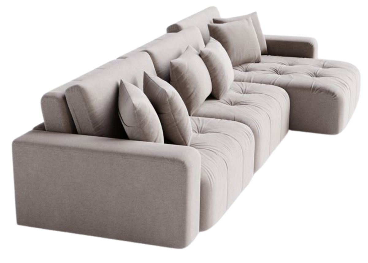 Sofá Vellum em vista lateral com almofadas decorativas, apresentando design elegante e sofisticado, ideal para compor salas de estar modernas e aconchegantes.