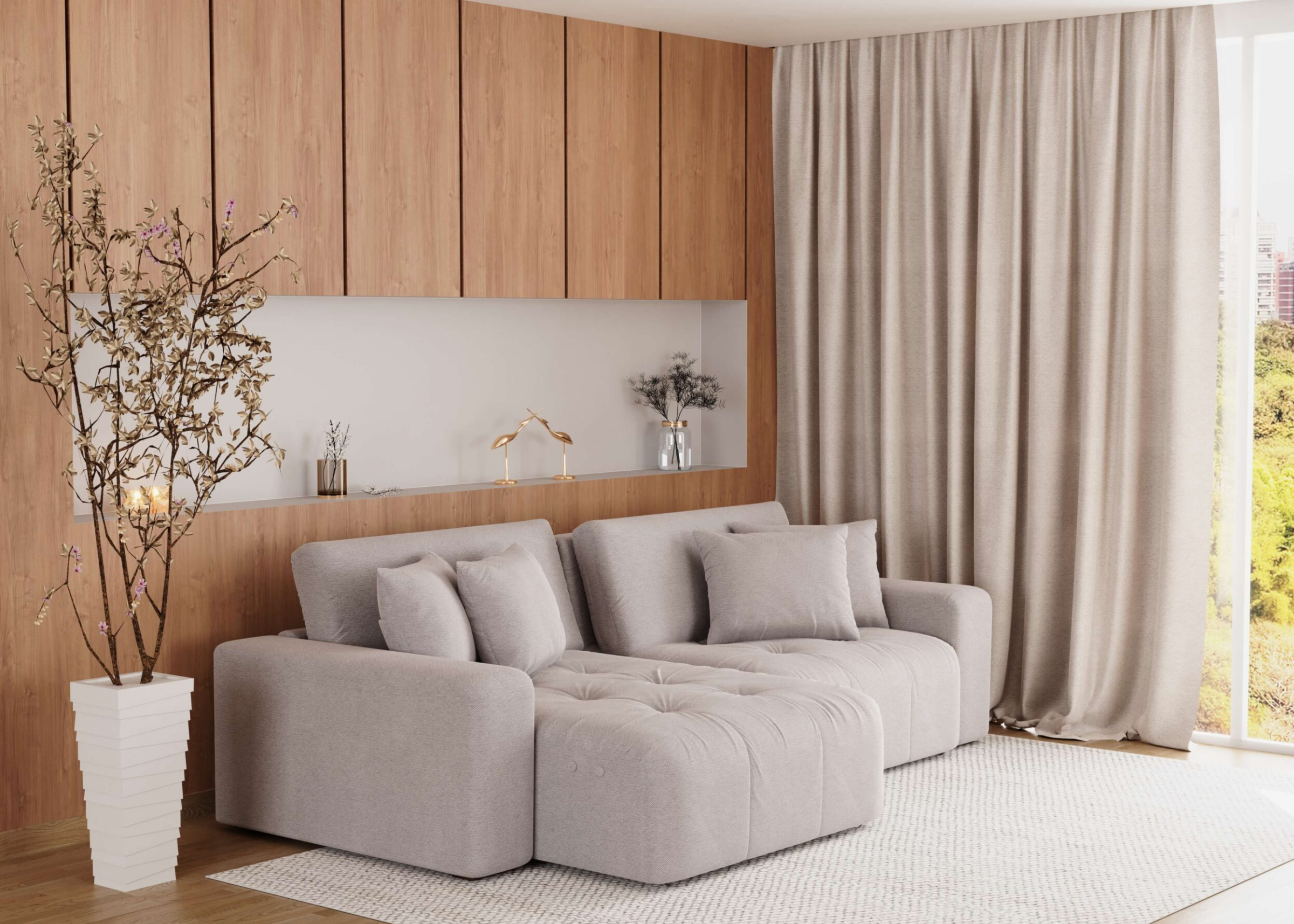 Sofá Vellum em sala moderna, sofisticada e aconchegante, apresentando design elegante e confortável, ideal para compor ambientes contemporâneos e refinados.