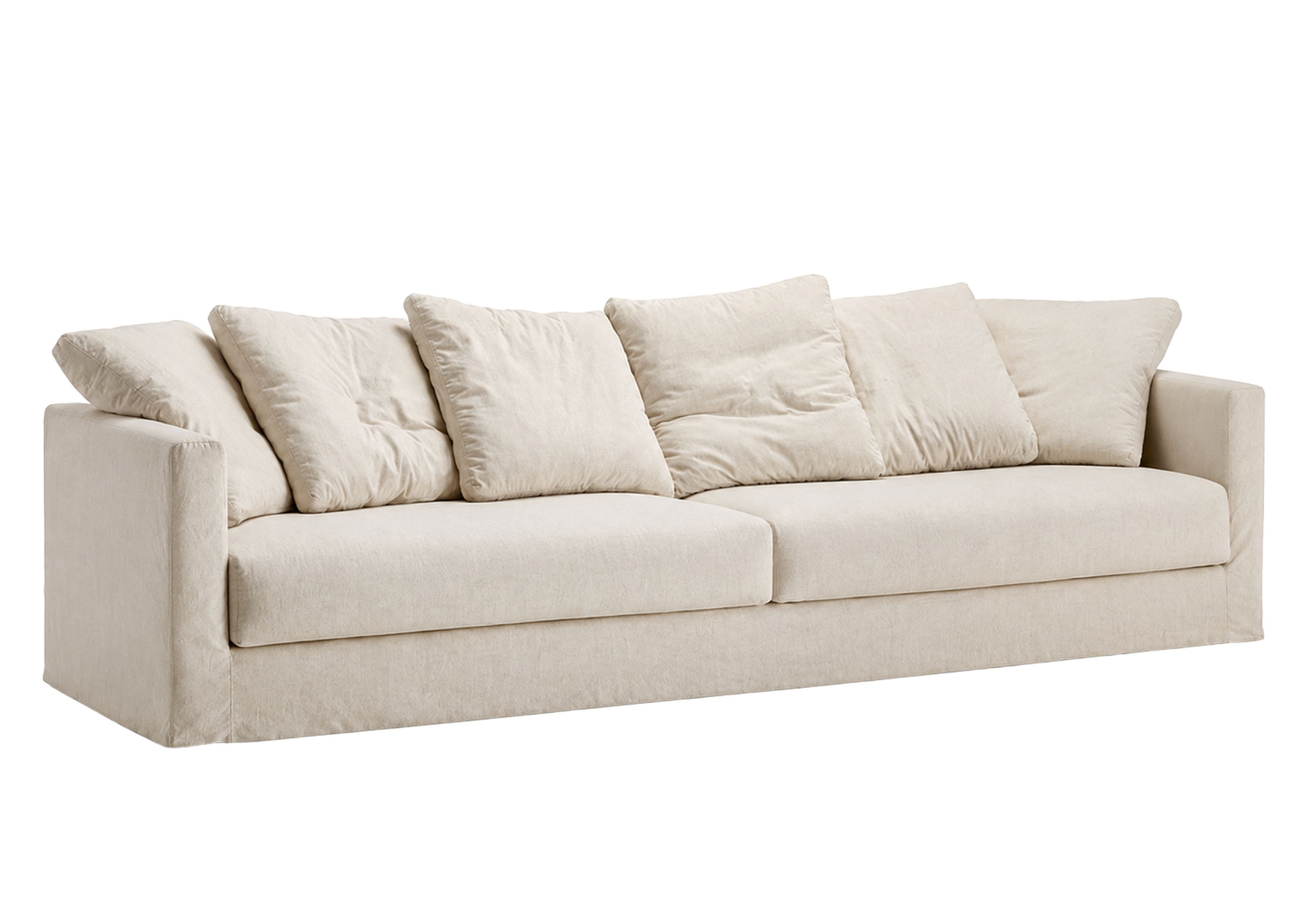 Sofá Vivence com almofadas decorativas e assento confortável, apresentando design sofisticado e elegante, ideal para compor ambientes modernos e acolhedores.