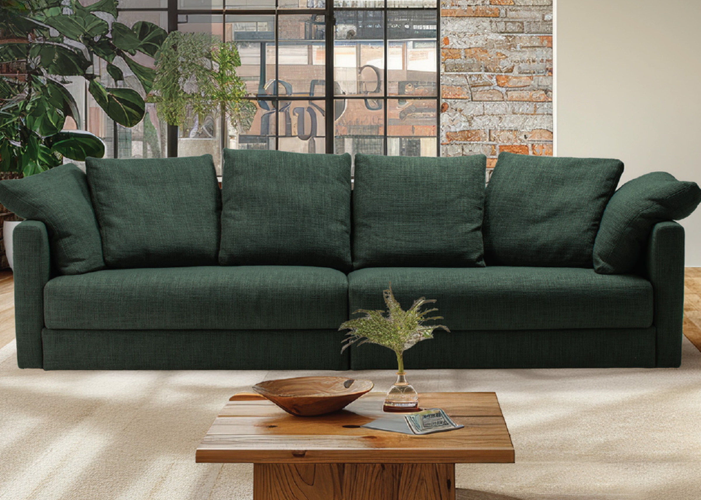 Sofá Vivence com revestimento em linho verde, apresentando design moderno e confortável, ideal para compor ambientes sofisticados e acolhedores.