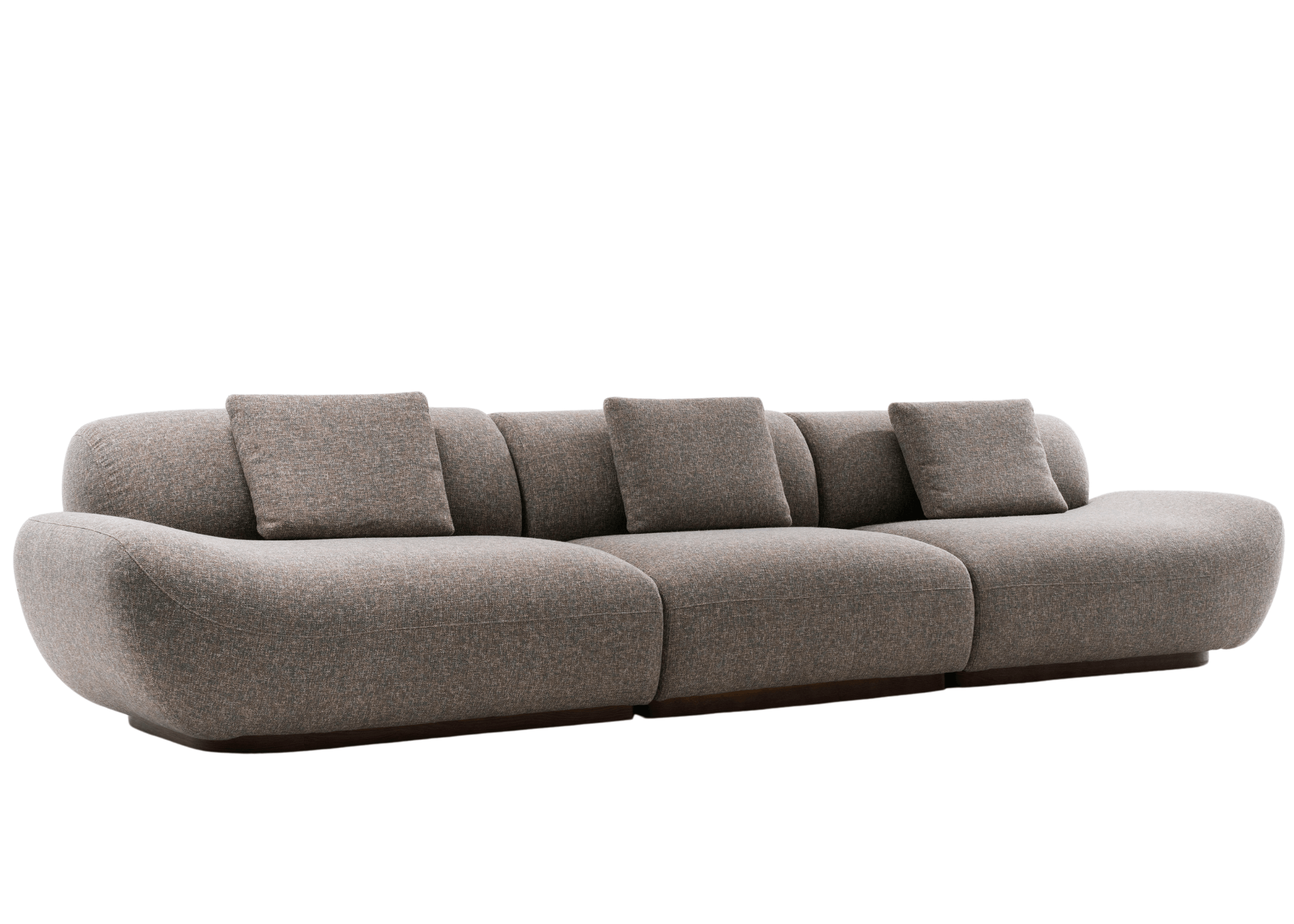 Sofá Welle com design curvo e estofado em tecido texturizado, três módulos amplos e base discreta em madeira.