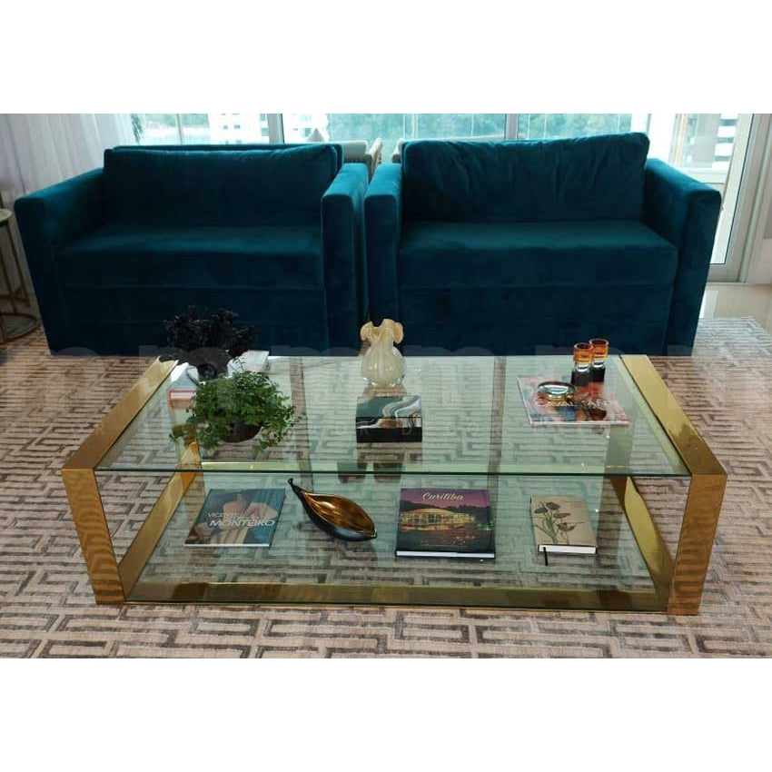 Mesa de Centro Talismã: elegância e sofisticação com tampo em vidro transparente ou marmorizado.
